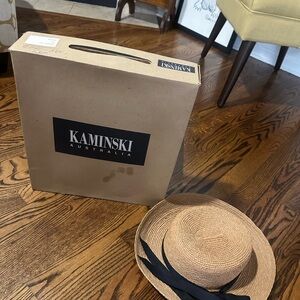 Helen Kaminski Tan Boater Hat with Black Ribbon